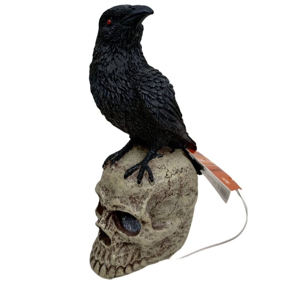 Spooky Village Raven On Skull with LED Glowing Eyes Halloween Decor